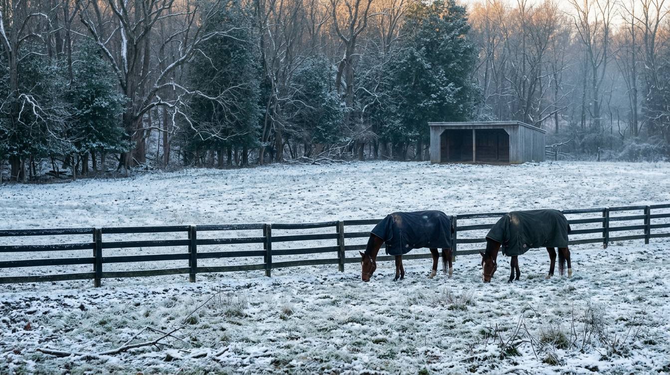 Two bay horses in dark winter blankets grazing in a snowy pasture behind a black board fence, with a small run-in shed and bare woods behind