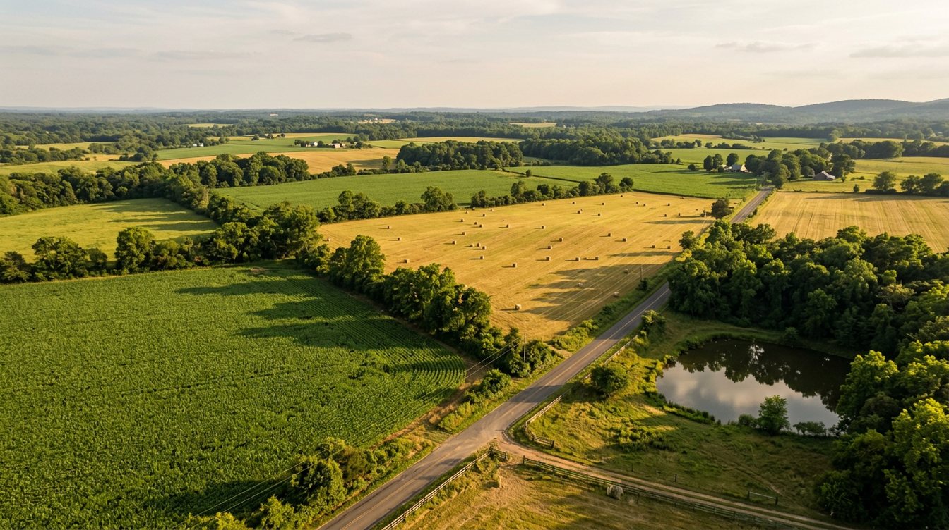 Aerial view of green and gold hay and corn fields divided by tree lines, a two-lane country road and a farm pond, with wooded hills on the horizon