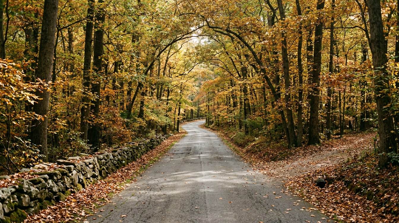 A narrow two-lane road winding under a canopy of oaks and tulip poplars in gold and copper, with fallen leaves and a low fieldstone wall along one side