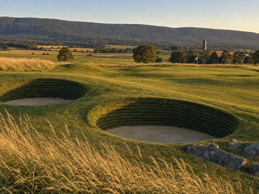 Sod-walled pot bunkers on a links-style course in the Loudoun hills