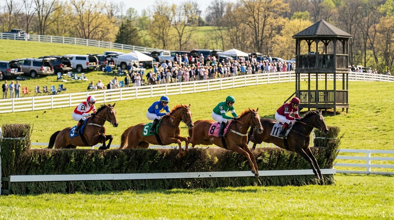 Four steeplechase horses with jockeys in red, blue, green and maroon silks clearing a brush fence together, with a white rail, a wooden judges' stand, a crowd and parked tailgates on the green hillside and trees just leafing out in spring