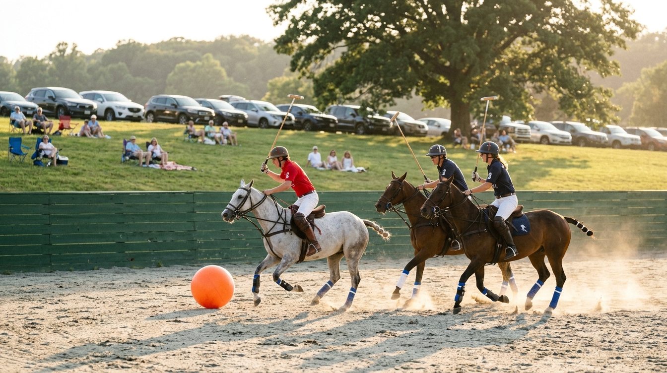 Three arena polo players on a grey and two bay ponies with blue leg wraps chasing an oversized orange ball across a sand arena at golden hour, with dark green boards, a picnic crowd on the grass bank and parked cars under big oaks