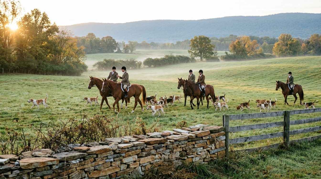 Riders in tweed coats and a pack of white and tan foxhounds crossing a misty pasture at sunrise, beyond a fieldstone wall and a grey board fence, with wooded ridges behind