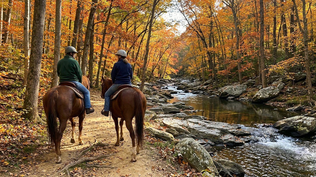 Two trail riders in helmets on chestnut horses walking a dirt path beside a rocky stream with grey stone ledges, under tall trees in orange and gold