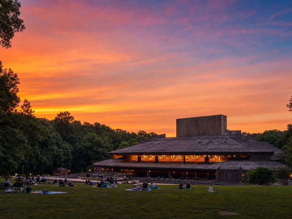 The Filene Center at Wolf Trap glowing at sunset, seen from the top of the lawn