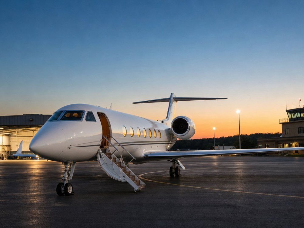 A private jet on the ramp at a Northern Virginia airport at dusk