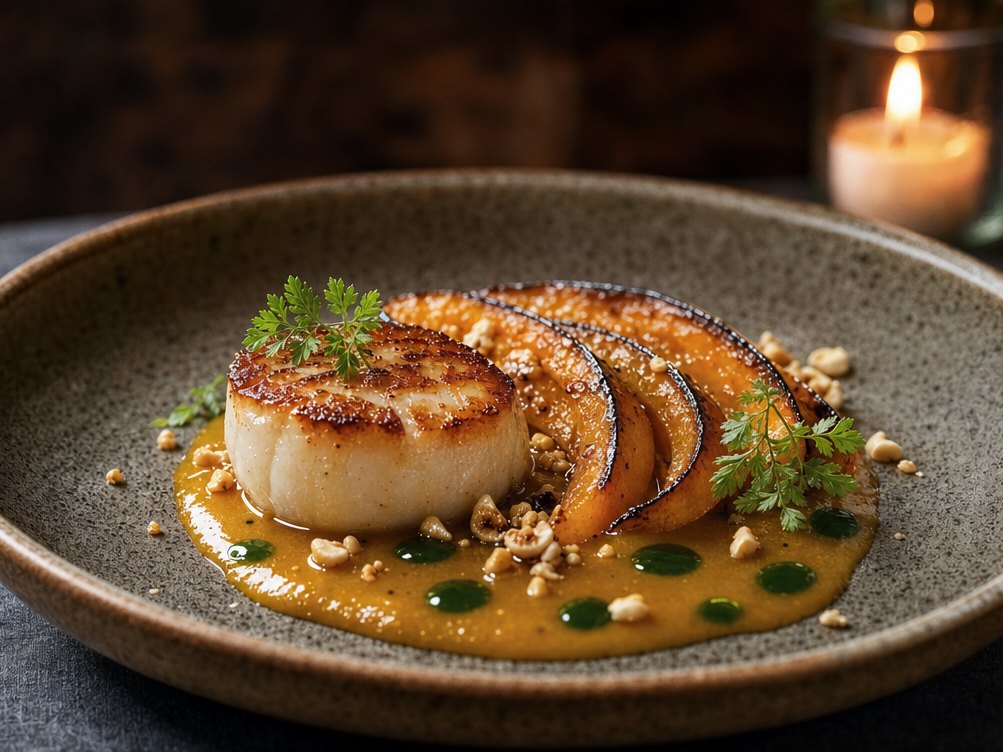 A seared scallop course with roasted squash and brown butter
