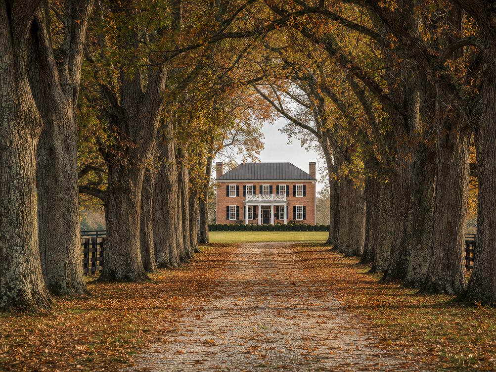 A brick Federal-style house at the end of an oak allée