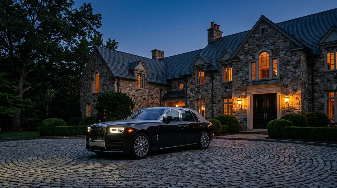 سيارة Rolls-Royce Phantom بلونين أسود وفضي في ساحة سيارات مرصوفة بالحجارة أمام قصر من الحجر الطبيعي في غريت فولز عند الشفق