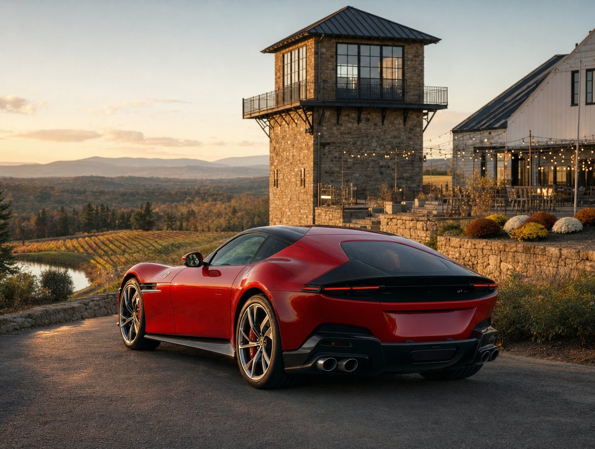 سيارة Ferrari 12Cilindri على الطريق المؤدي إلى مصنع نبيذ ستون تاور على جبل هوغباك قرب ليسبرغ