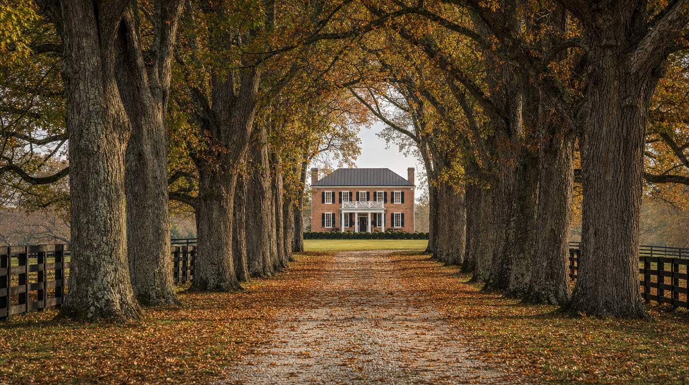 A brick Federal-style house at the end of an oak allée