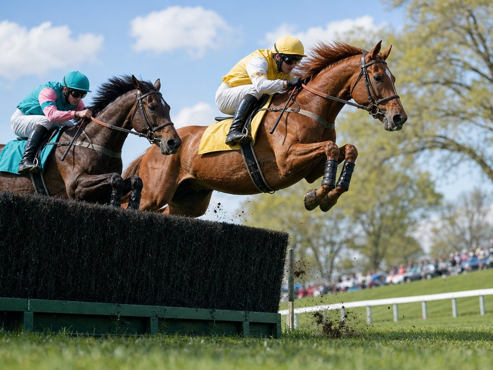 Steeplechase horses clearing a brush fence in Middleburg hunt country