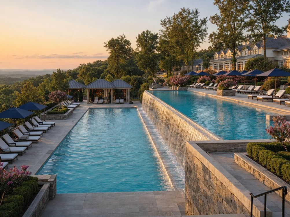 A terraced resort pool in the Middleburg countryside