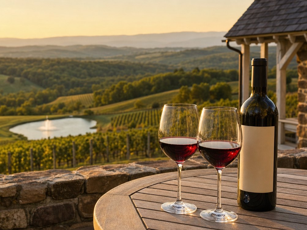 Red wine on a stone terrace above the vines on Hogback Mountain