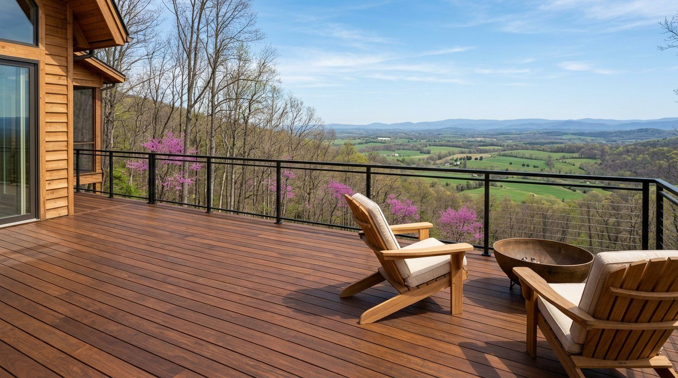 A hardwood deck with Adirondack chairs and a fire bowl on a mountainside chalet near Bluemont, looking over the farm fields of the Loudoun valley to blue ridges in early spring, with redbuds in bloom