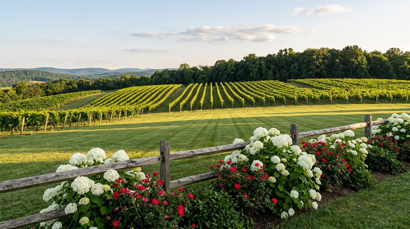 A split-rail fence lined with white hydrangeas and red roses beside a wide lawn, with long rows of grapevines running to a wooded ridge on a summer afternoon