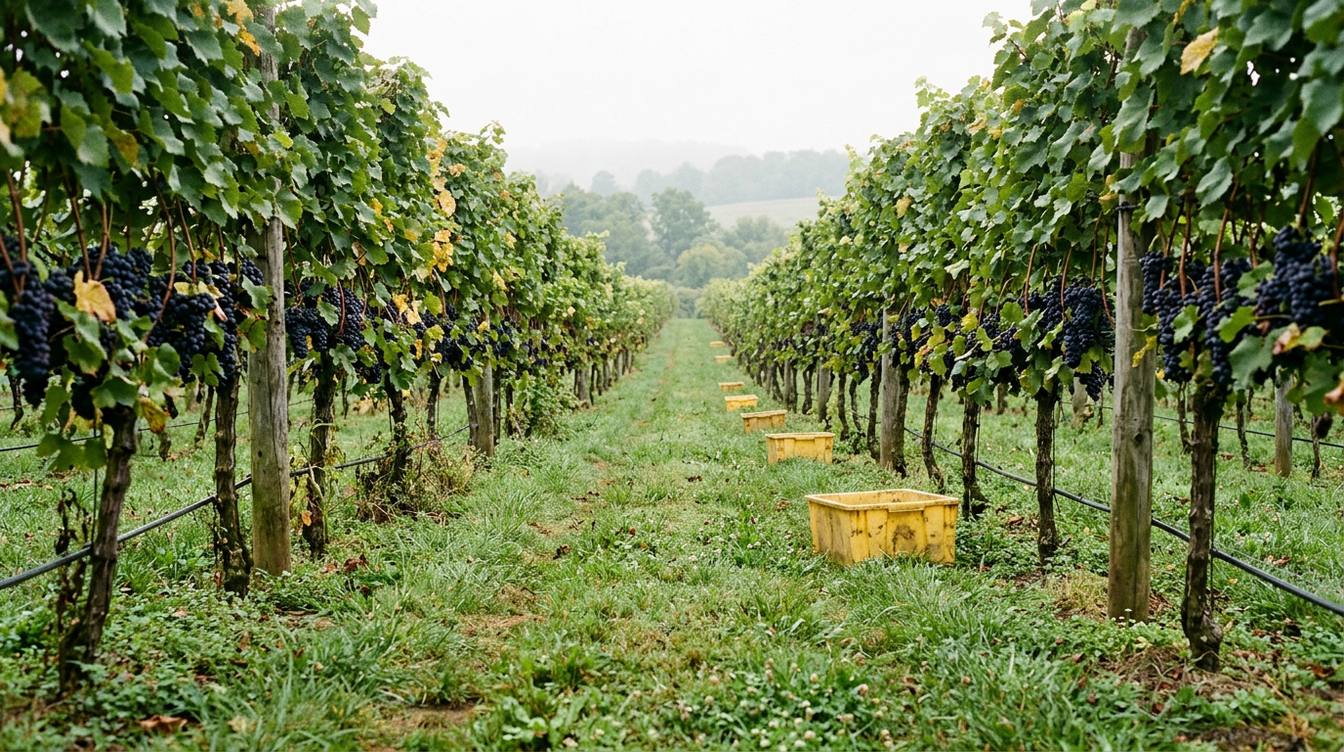 A grassy alley between two rows of grapevines heavy with dark purple grapes, with yellow picking bins down the row on a misty September morning