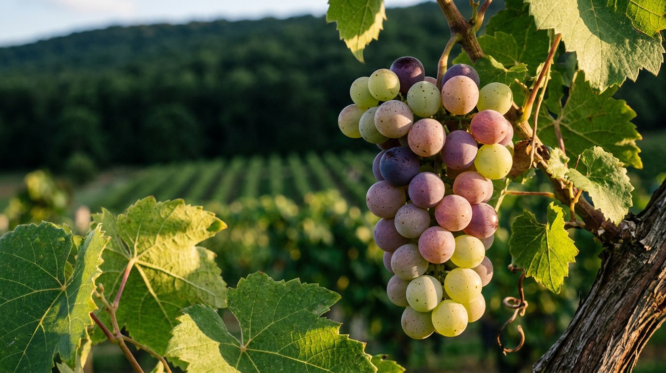 Close-up of a grape cluster turning from pale green to rose and purple in late July, with vine leaves and rows of vines on the wooded hills behind