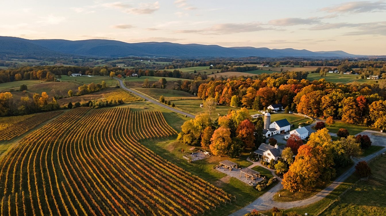 Aerial view at golden hour of rust and gold vine rows beside white farm buildings and a silo among autumn trees, with the Blue Ridge on the horizon