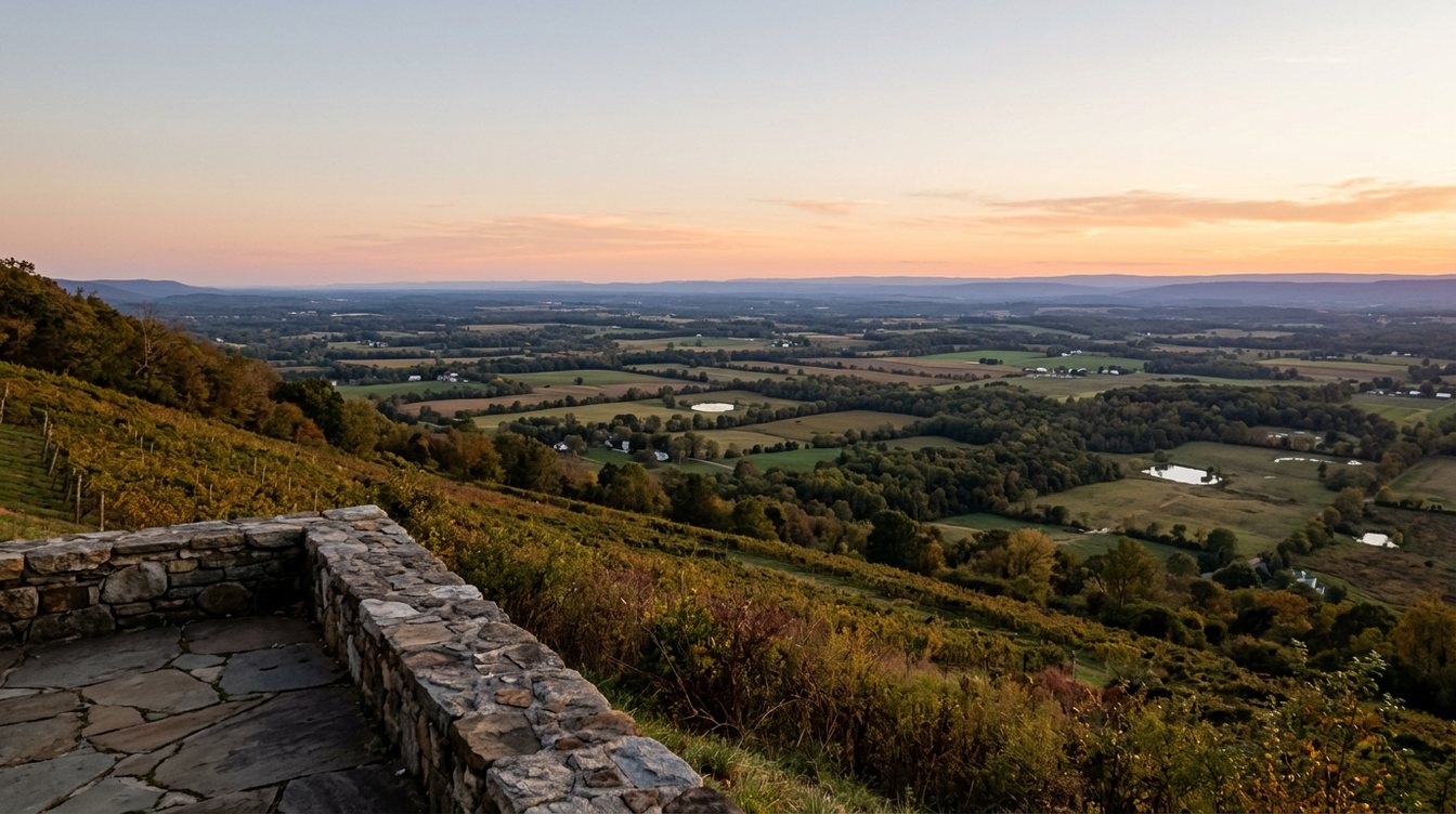A low fieldstone wall and flagstone terrace on a hillside above a wide valley of farms and woods at sunset