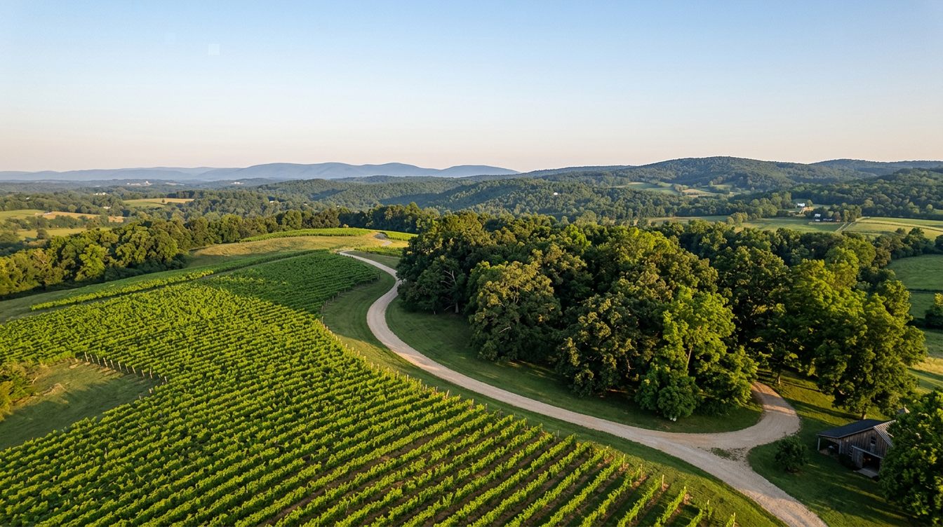 Rows of green vines on a hillside beside a curving gravel drive and a grove of tall shade trees, with farmland and blue hills beyond on a summer morning