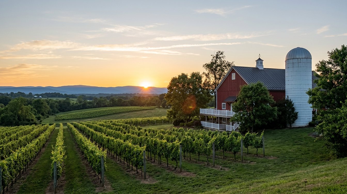 Rows of green vines leading toward a red bank barn with white railings and a tall white silo, with the sun setting over blue hills in June