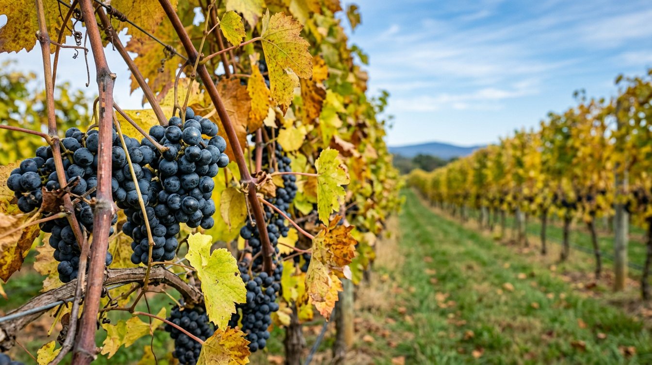 Tight clusters of small blue-black Norton grapes among yellowing leaves, with vine rows running into the distance under a blue October sky