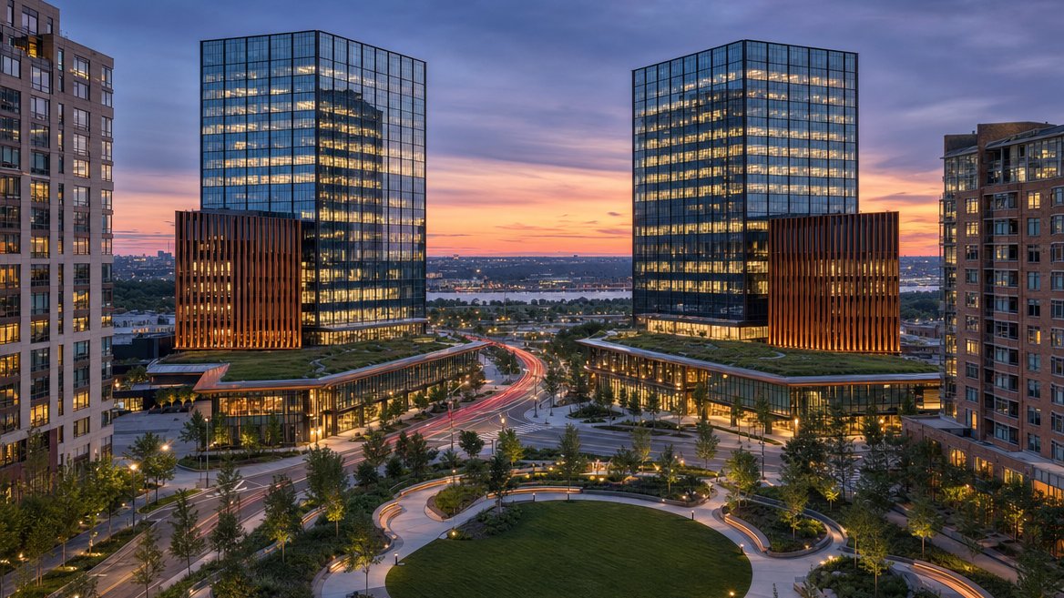 National Landing at dusk, with the Metropolitan Park towers and public park in Arlington