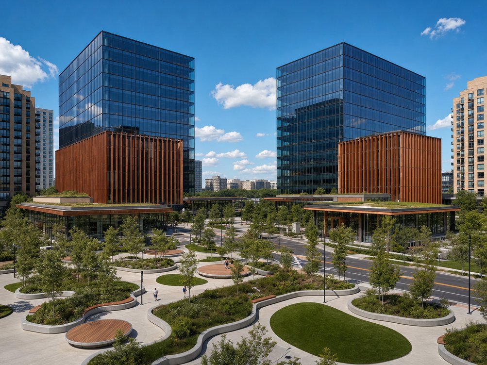 The public park and office towers of Metropolitan Park in Arlington's National Landing
