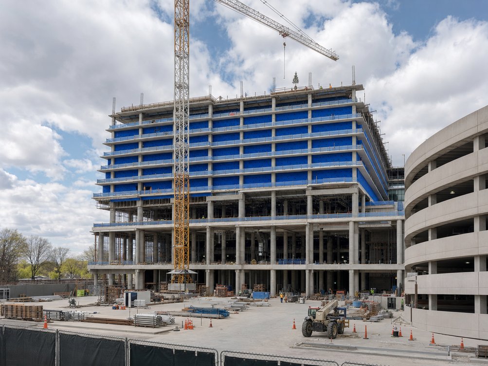 The new Inova Alexandria Hospital topping out at WestEnd, the former Landmark Mall site, in April 2026