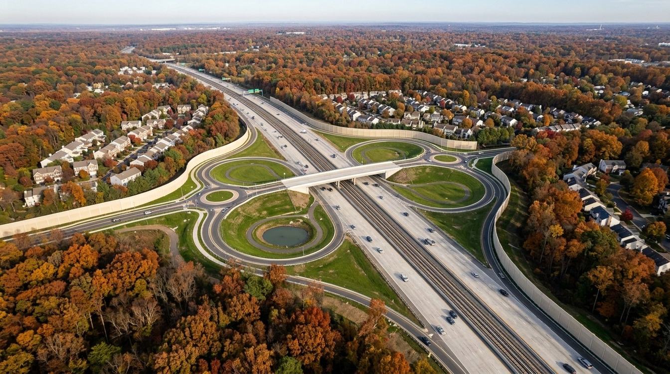 لقطة جوية لطريق I-66 بعد توسعته، بمساراته السريعة وسكة المترو في وسطه، وجسر شارع نَتلي بمنحدراته الملتفّة وبركة لتجميع مياه الأمطار، وجدران عازلة للصوت وأحياء تحيط بها الأشجار بألوان الخريف