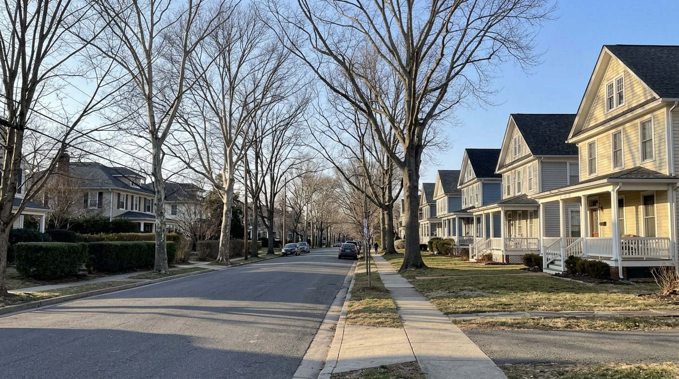 Early-1900s houses with deep white-railed front porches along West Maple Street in Rosemont under tall bare trees on a clear late-winter afternoon