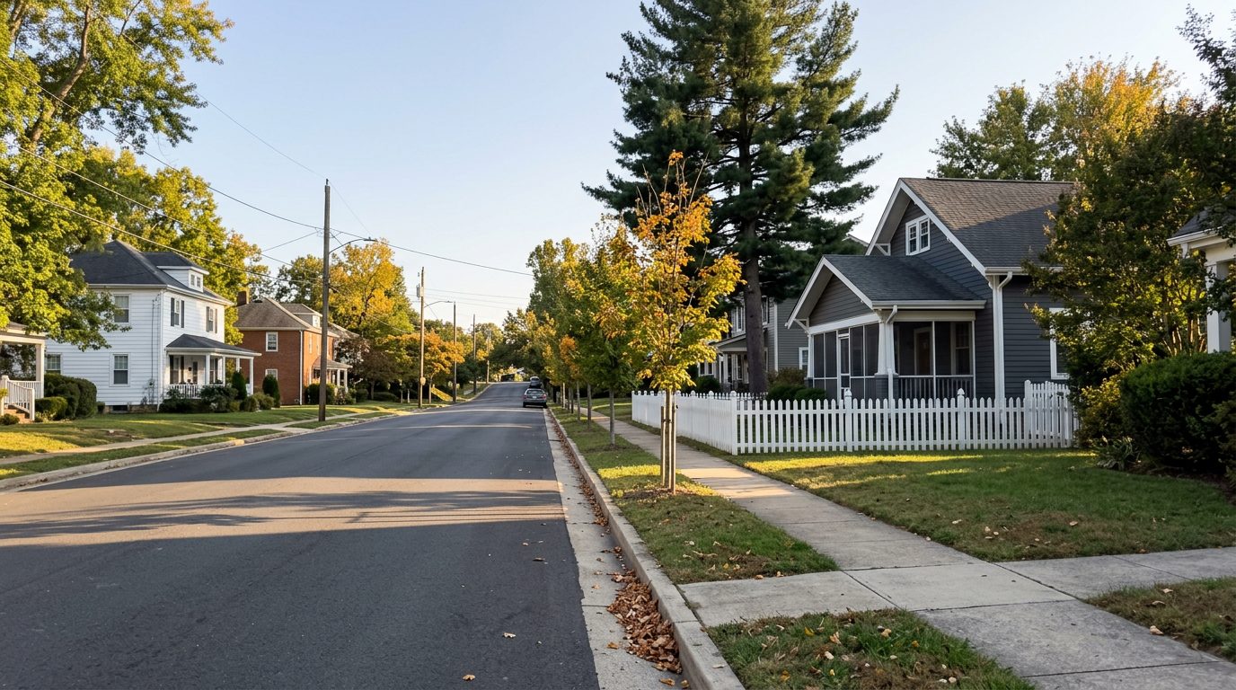 South Garfield Street in Penrose in early fall: a gray house with a screened porch behind a white picket fence, a tall white pine and young street trees turning yellow