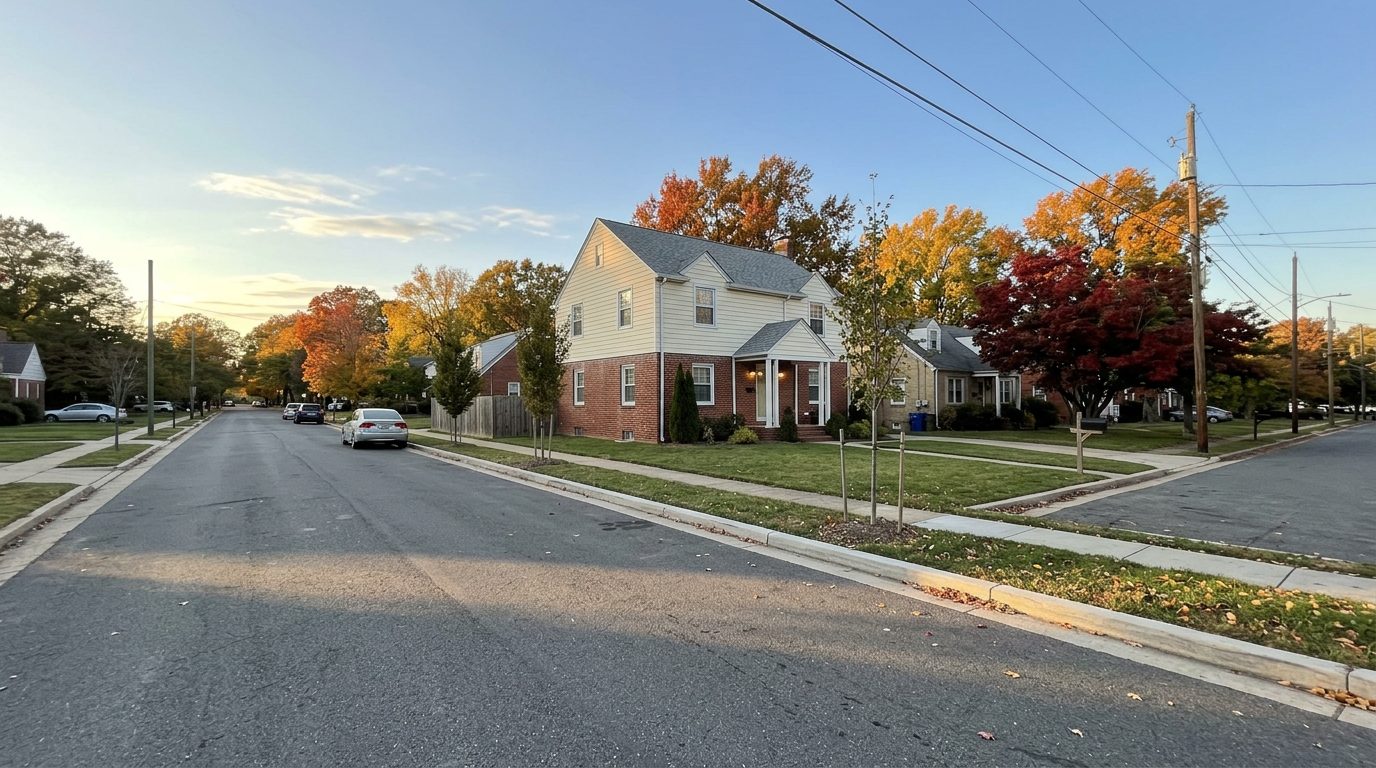 South Oakland Street in south Arlington in mid-October: a red-brick Cape Cod house with a white porch on a corner lot, under red and gold fall trees in late-day sun