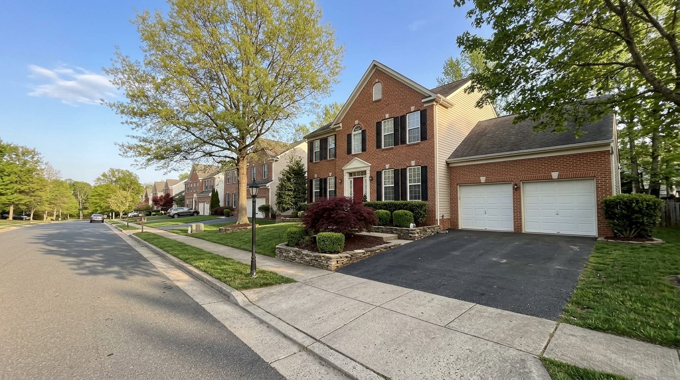 A brick-front colonial with a two-car garage and a red Japanese maple on Douglas Fir Drive in Laurel Hill, Lorton, under fresh spring trees
