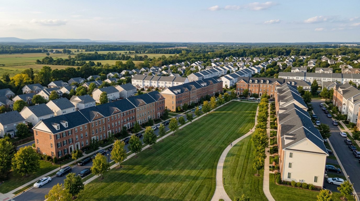 A low drone view over Brambleton in late summer: rows of red-brick townhouses along a long mown lawn, single-family streets behind and open fields to the horizon