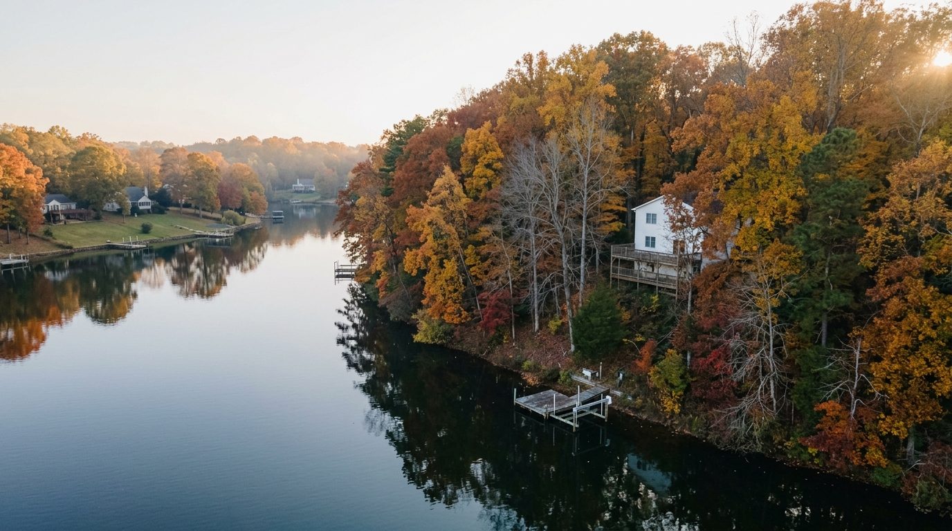 A narrow wooded arm of Lake Montclair in early November, with a white house and deck high on a bank of orange and gold trees and a small dock below