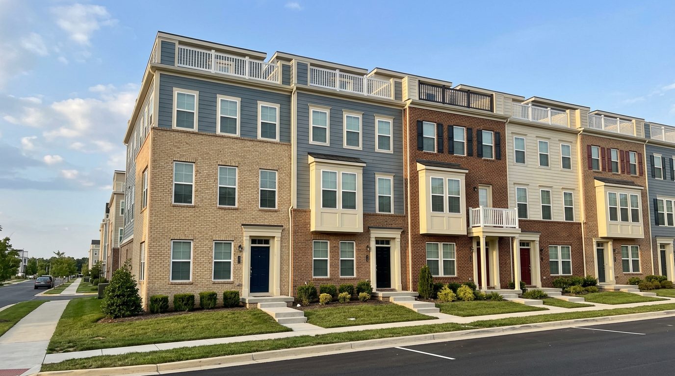 A row of new four-level brick and siding townhouses with rooftop-terrace railings on Greenbriar Hall Road in Potomac Shores on a summer afternoon