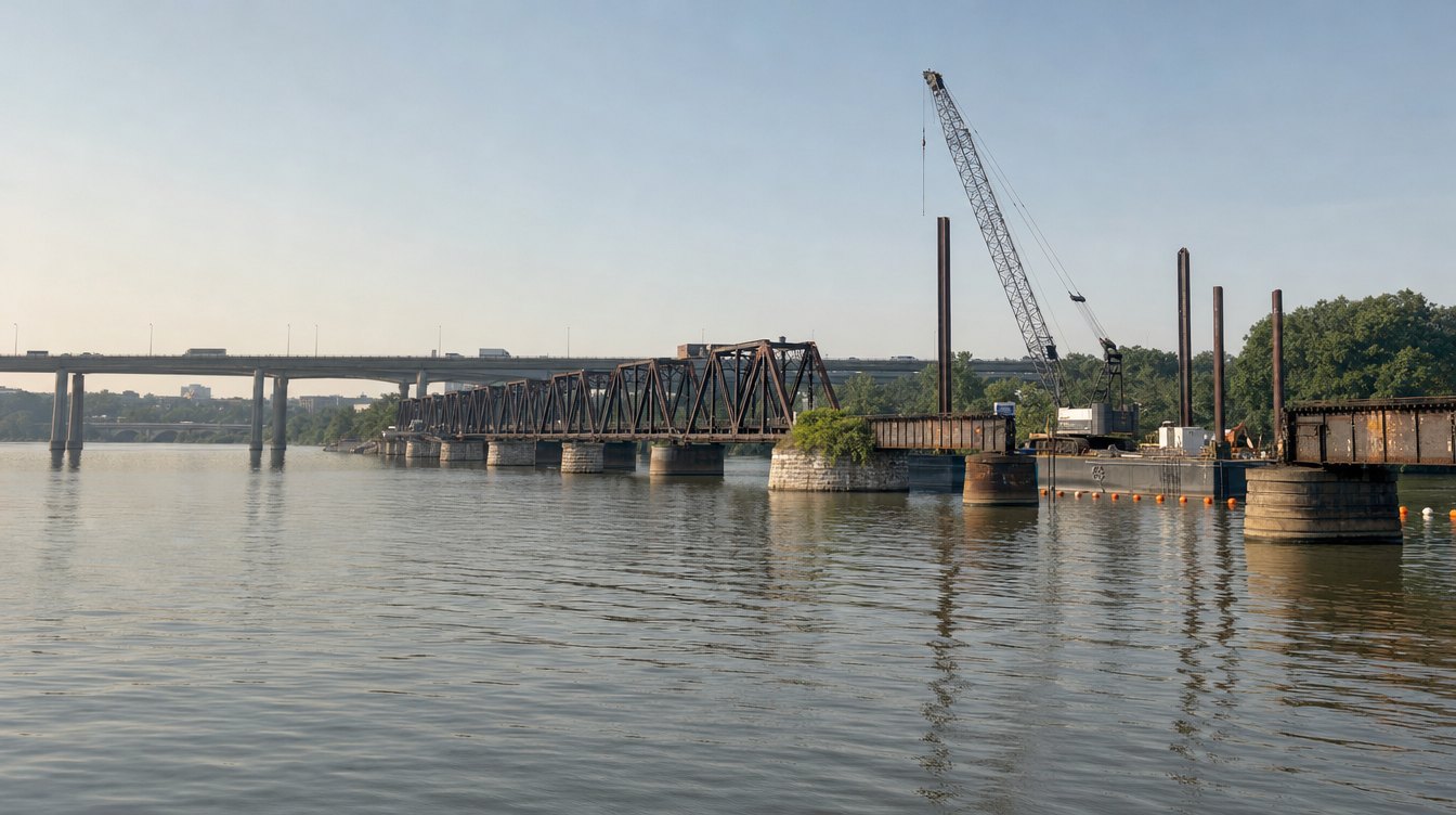 The Long Bridge rail crossing of the Potomac in summer: the old steel truss railroad bridge on stone piers, tall steel piles and a crane where the new bridge is going up, and the 14th Street highway bridges behind, on calm water