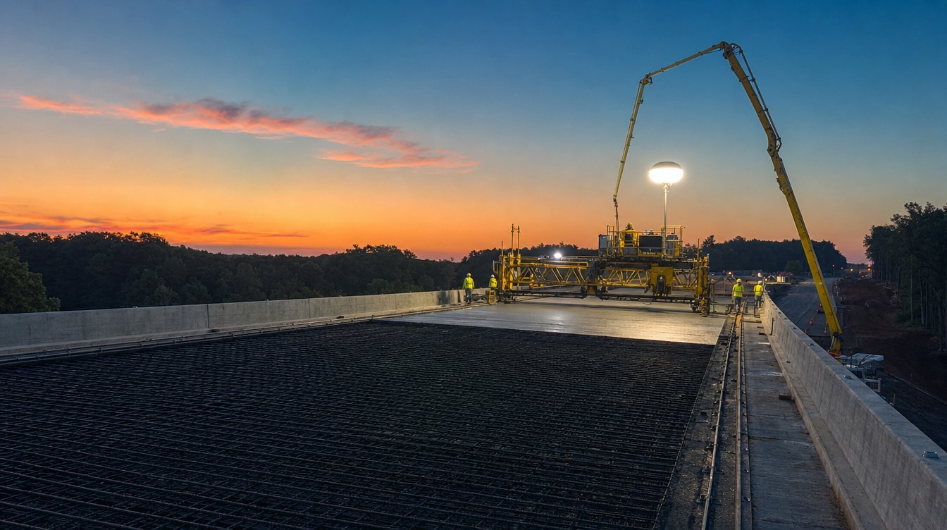 Workers pour the concrete deck of the new Popes Head Road bridge over the Fairfax County Parkway at dawn, with a concrete pump boom, a finishing machine under a work light and rebar mesh in front, under an orange sky