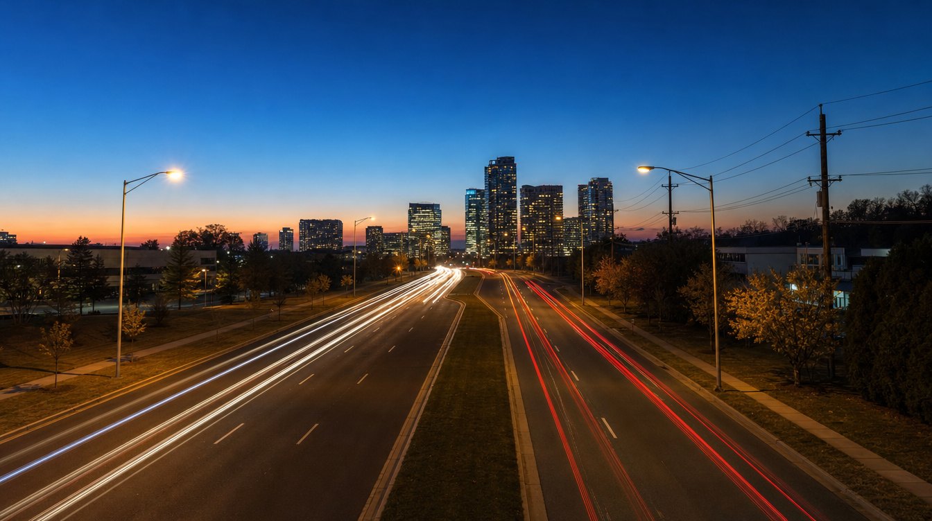 Route 7 heading into Tysons at blue hour: white and red light trails in both directions, street lamps along the median, and the Tysons towers lit against an orange glow on the horizon