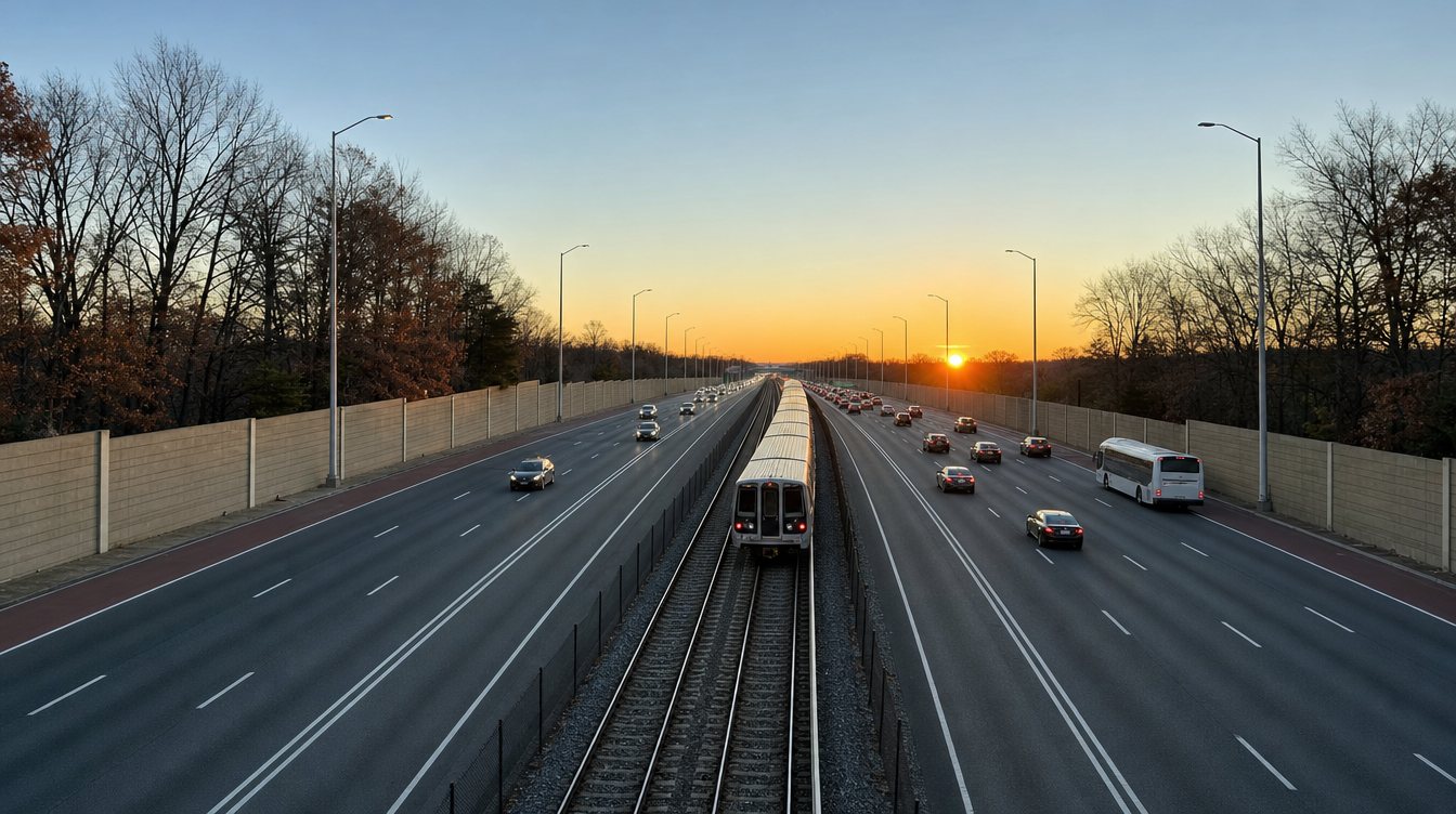 الطريق I-66 عند الشروق وقطار مترو على السكة في المنتصف، وسيارات وحافلة على المسارات من الجانبين، وجدران عازلة للصوت، وأشجار عارية في أواخر الخريف