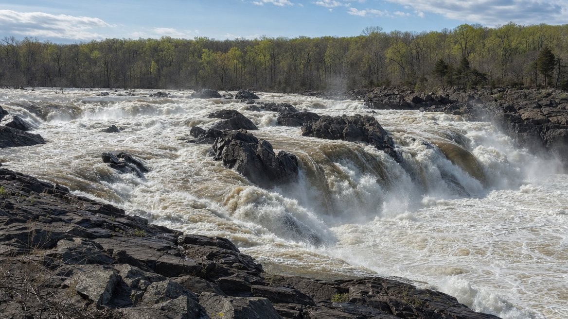 The Potomac running high over the rock ledges below the Virginia-side overlooks at Great Falls Park