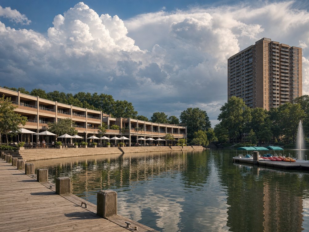 July thunderheads building over the brick crescent of Lake Anne Plaza in Reston