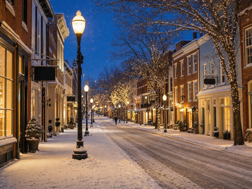 Fresh snow on the brick sidewalks and storefronts of King Street in Old Town Alexandria