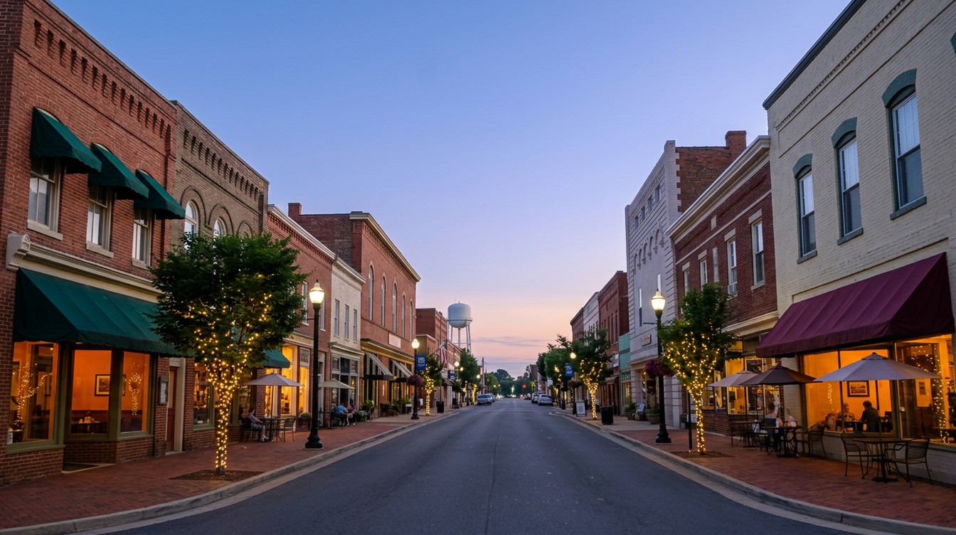 Center Street in Historic Downtown Manassas at summer dusk, brick storefronts with green and maroon awnings, glowing restaurant windows, sidewalk tables under umbrellas, trees wrapped in white lights and a water tower at the end of the street