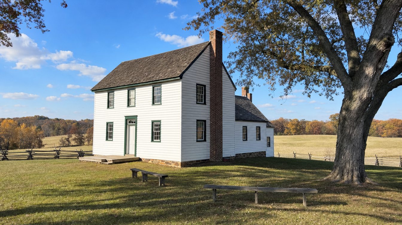 The white clapboard Brawner farmhouse at Manassas National Battlefield Park, with a big shade tree, benches and split-rail fences on open fields in fall