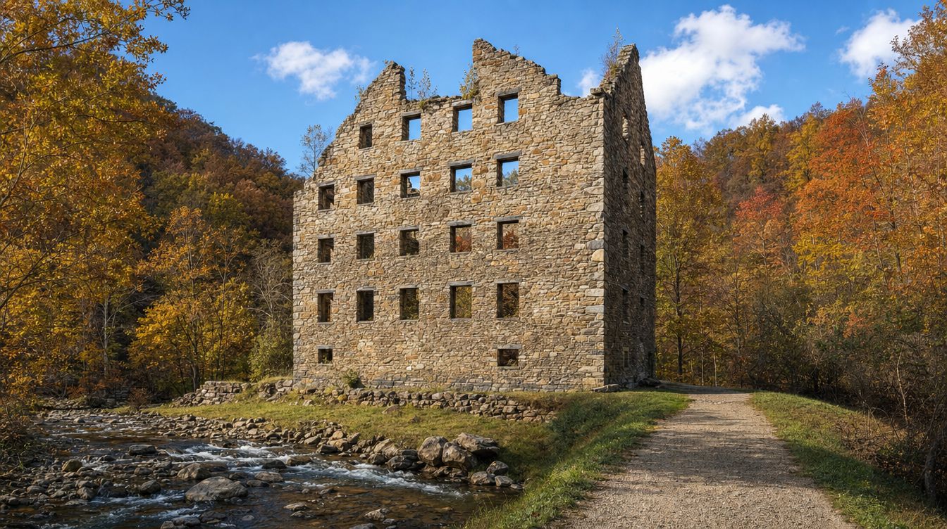 The roofless stone shell of Chapman's Mill at Thoroughfare Gap beside Broad Run, with wooded slopes in fall color behind it
