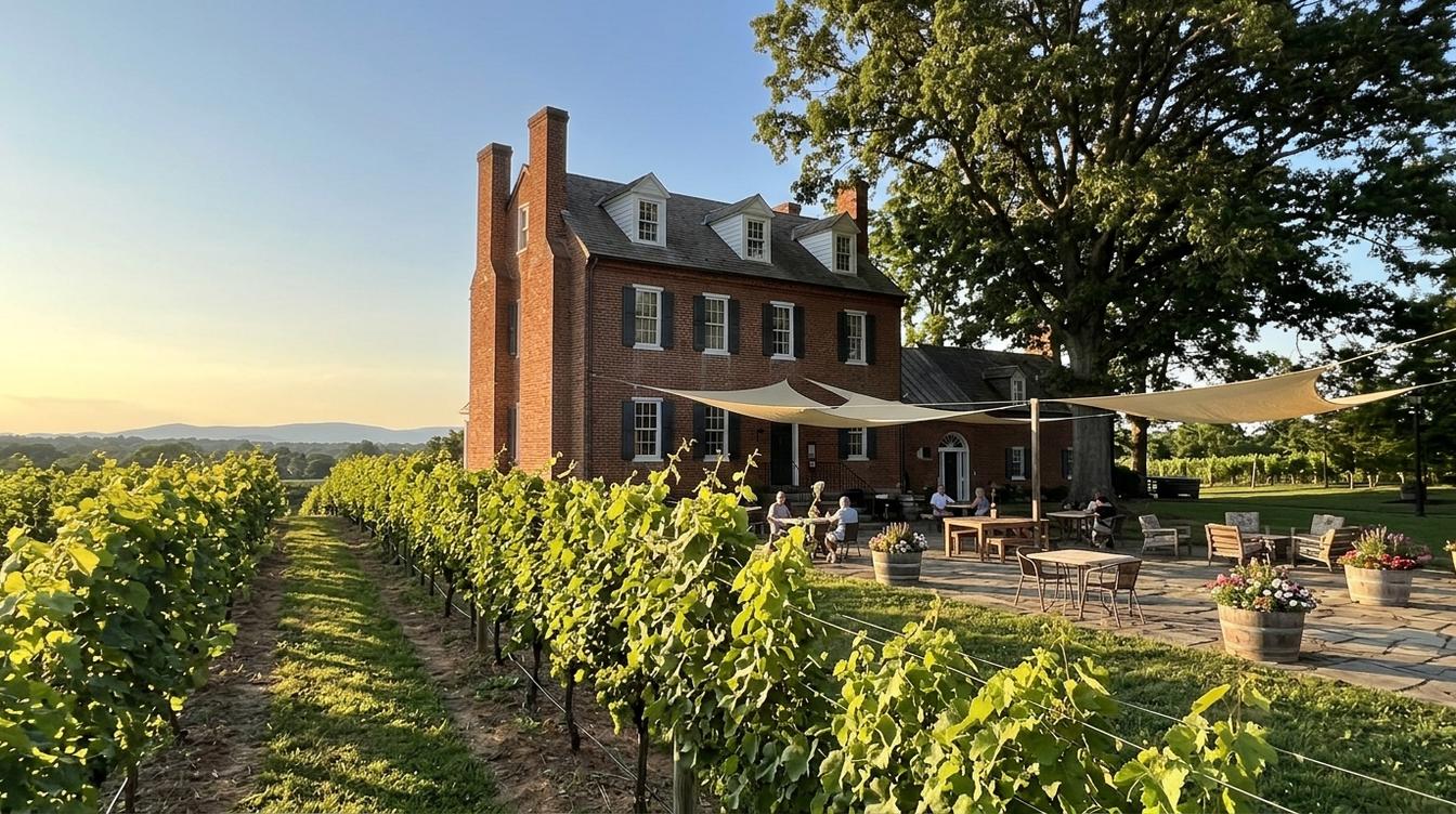 The tall red brick manor house of the Winery at La Grange at golden hour, with a stone patio under white shade sails beside rows of grapevines and distant blue hills