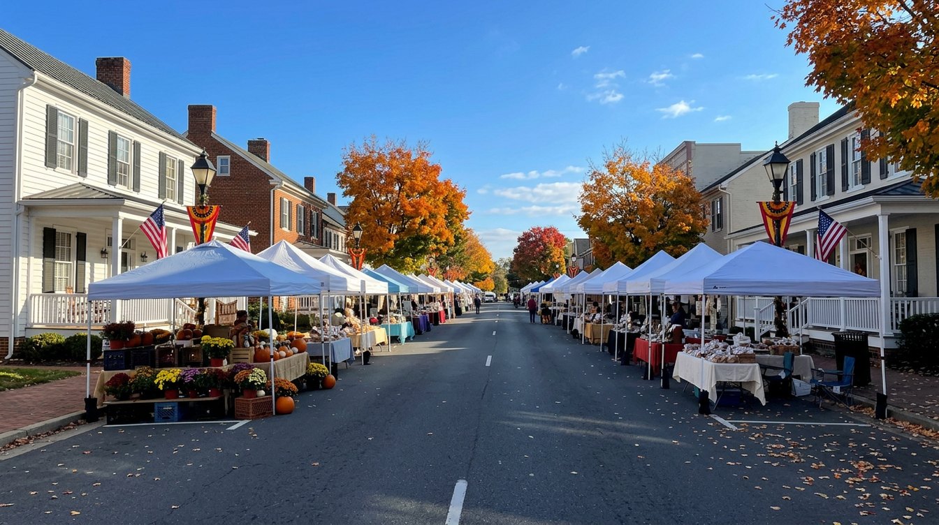 White vendor tents lining both sides of Washington Street in Haymarket on an October morning, with mums, pumpkins and baked goods on the tables, flags and bunting on the porches and trees in fall color
